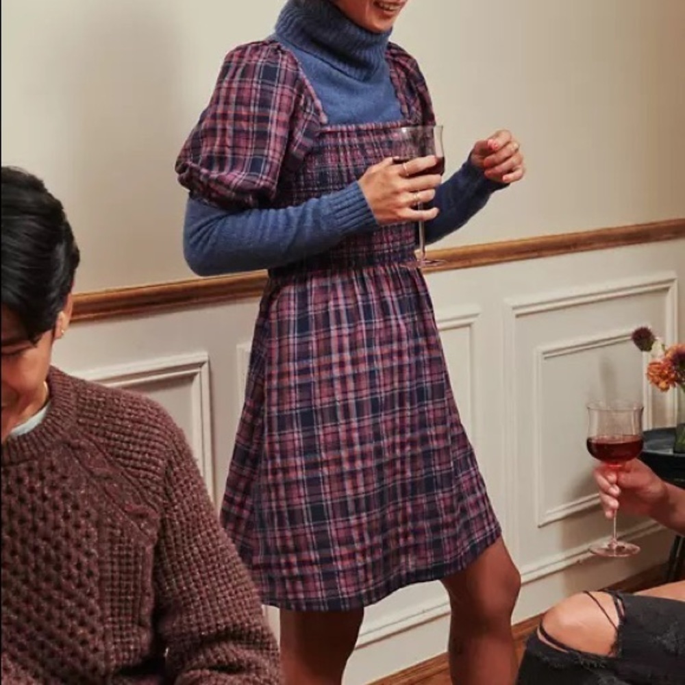 Madewell Lucie Puff-Sleeve Smocked Mini Dress in Rockfern Plaid XXS
